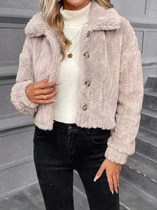 Button Up Long Sleeve Fuzzy Outerwear Trendsi Hanalas