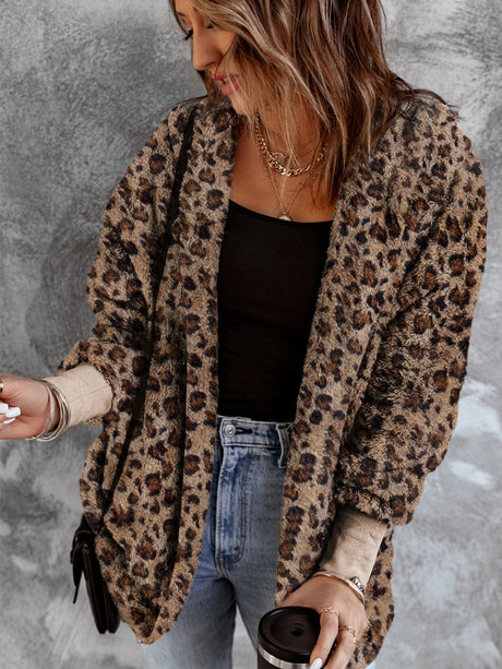 Fuzzy Leopard Long Sleeve Hooded Jacket | Hanalas