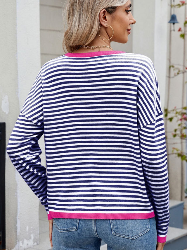 Striped Contrast Round Neck Long Sleeve Sweater | Hanalas