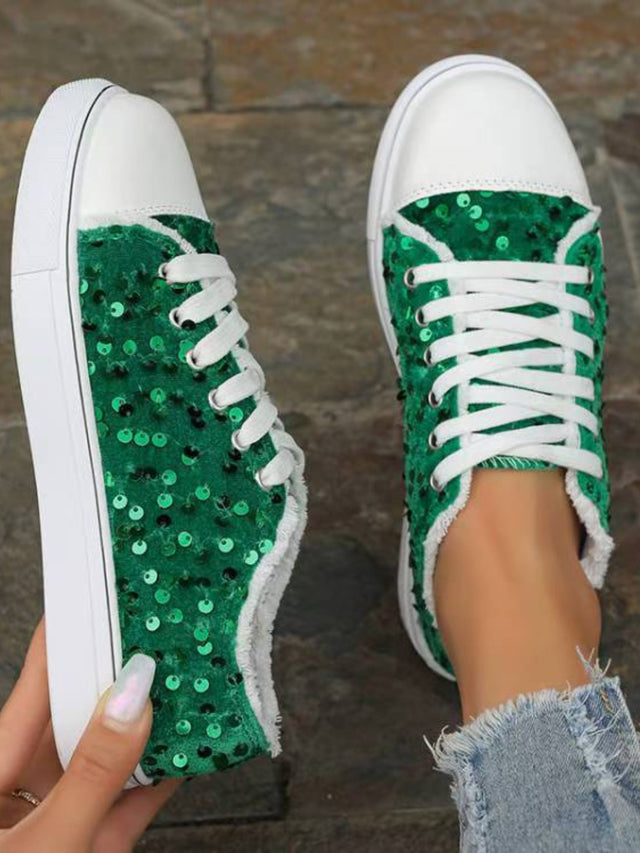 Sequin Round Toe Flat Sneakers | Hanalas