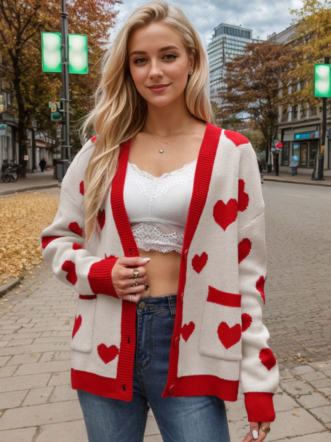 Heart Button Up Dropped Shoulder Long Sleeve Cardigan