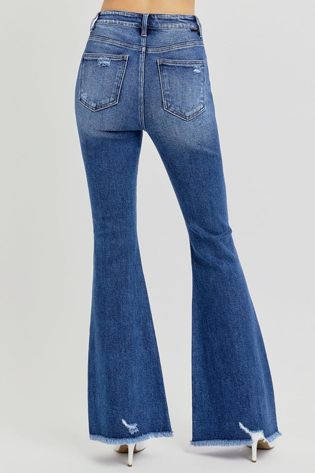 RISEN Full Size High Rise Distressed Raw Hem Flare Jeans | Hanalas