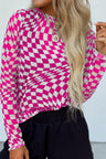 Checkered Mock Neck Long Sleeve Blouse | Hanalas