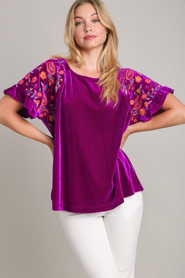 Umgee Full Size Velvet Embroidery Short Sleeve Blouse | Hanalas