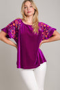 Umgee Full Size Velvet Embroidery Short Sleeve Blouse | Hanalas