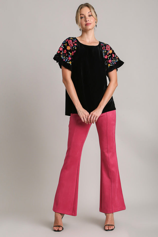 Umgee Full Size Velvet Embroidery Short Sleeve Blouse | Hanalas