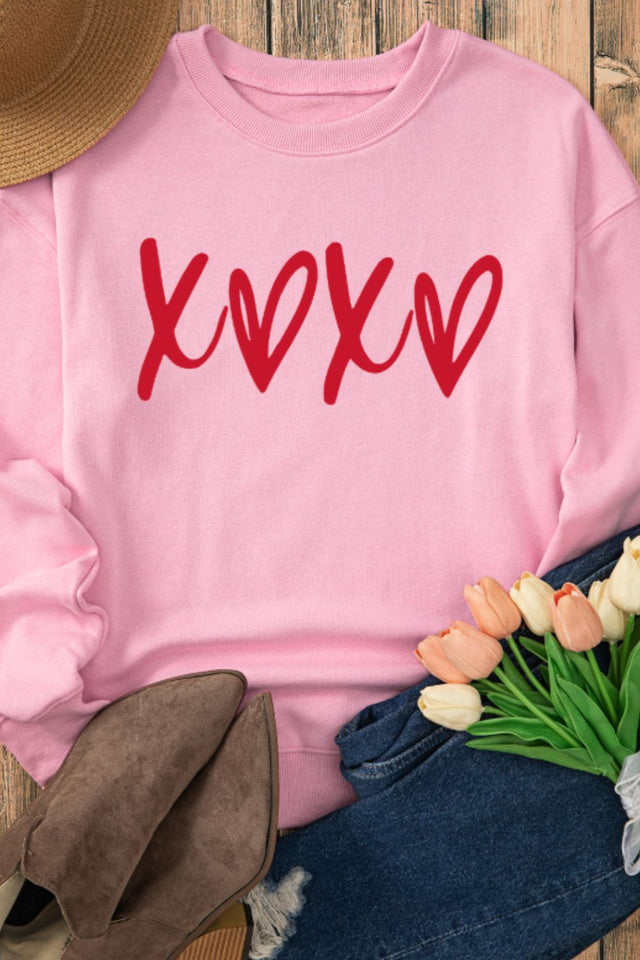 Valentine’s Day XOXO Round Neck Drop Shoulder Sweatshirt | Hanalas