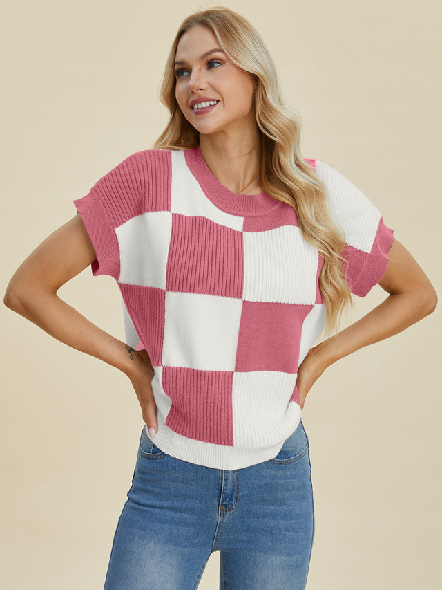 Double Take Full Size Checkered Round Neck Short Sleeve Sweater Trendsi Hanalas