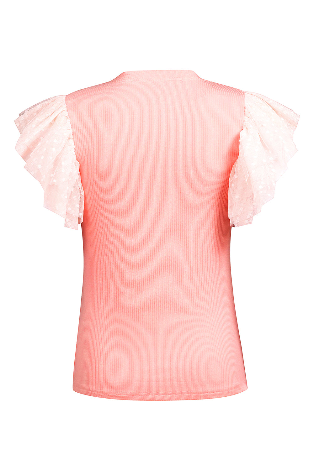 Pink Ruffle Tulle Sleeve Ribbed Knit Bodycon Dress