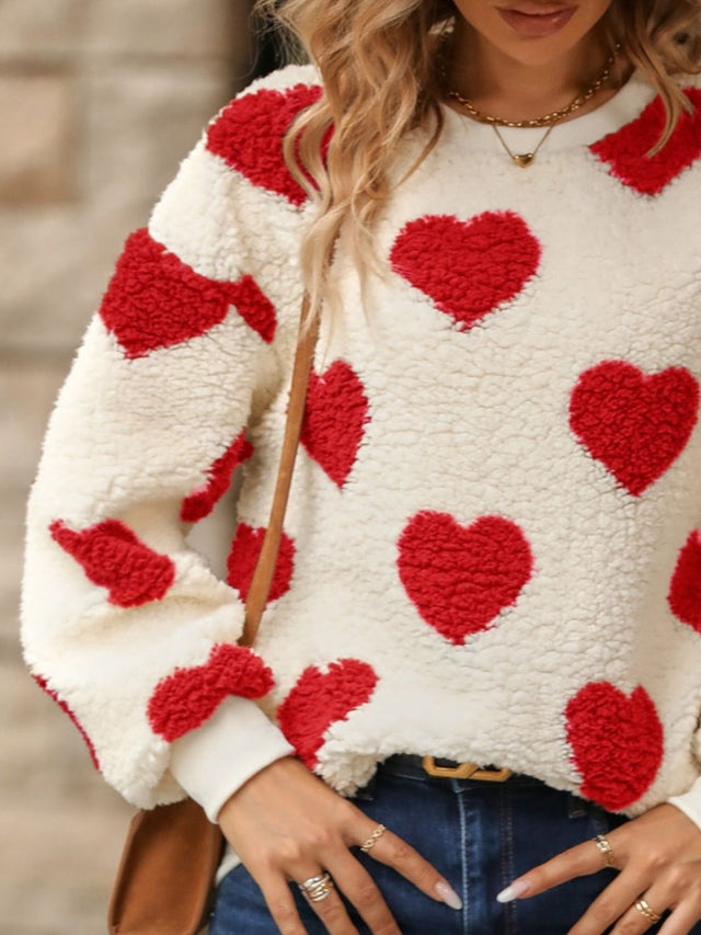 Fuzzy Heart Dropped Shoulder Sweatshirt | Hanalas