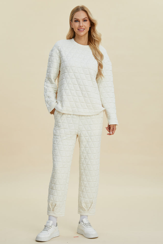 Double Take Full Size Texture Round Neck Long Sleeve Top and Pants Set | Hanalas