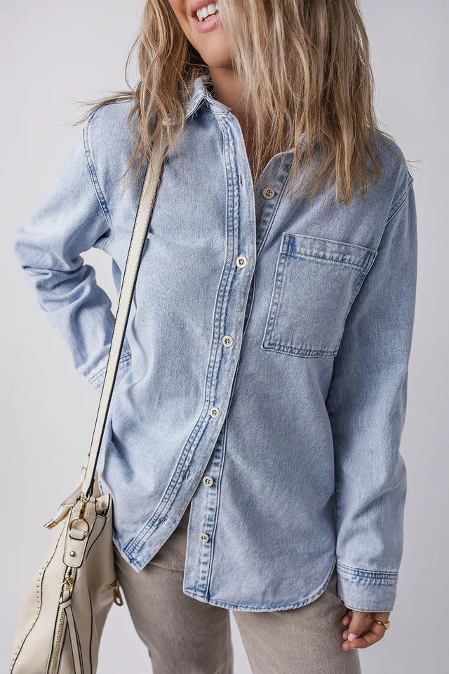 Pocketed Collared Neck Denim Top Trendsi Hanalas