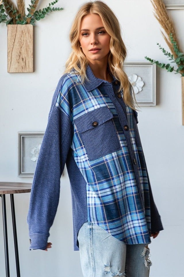 OH Plaid Button Up Long Sleeve Shacket with Breast Pockets | Hanalas