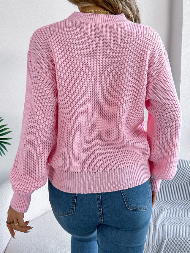 LOVE Heart Round Neck Dropped Shoulder Sweater | Hanalas