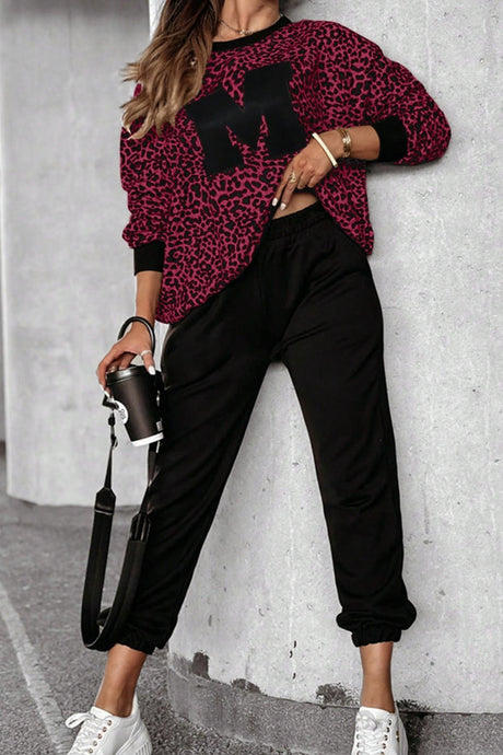 Letter M Leopard Round Neck Top and Pants Set | Hanalas