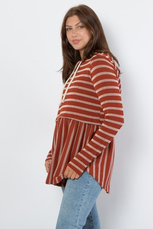 Be Stage Full Size Drawstring Striped Babydoll Hoodie | Hanalas