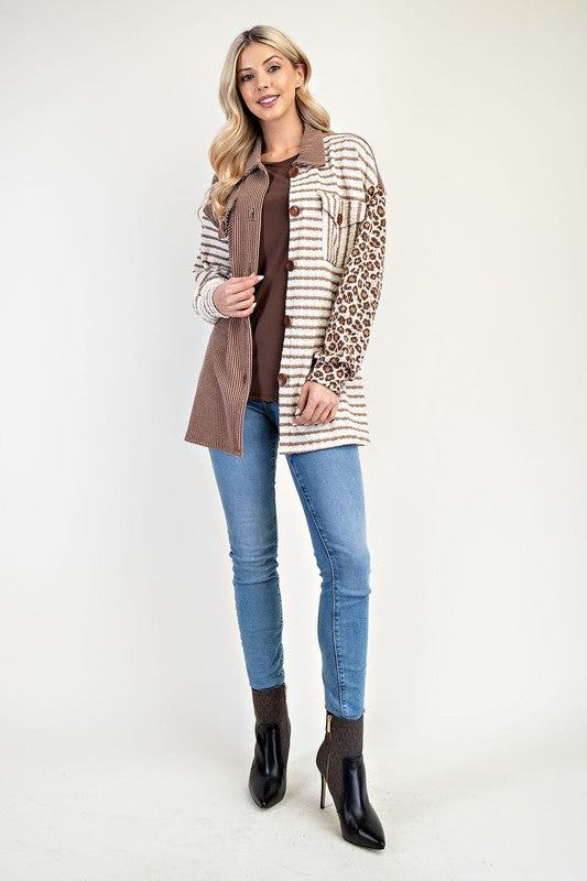 Celeste Full Size Leopard Contrast Button Up Shacket | Hanalas