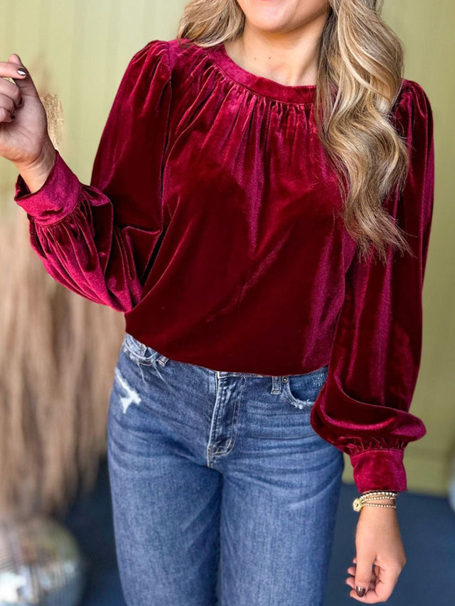 Ruched Round Neck Long Sleeve Blouse | Hanalas