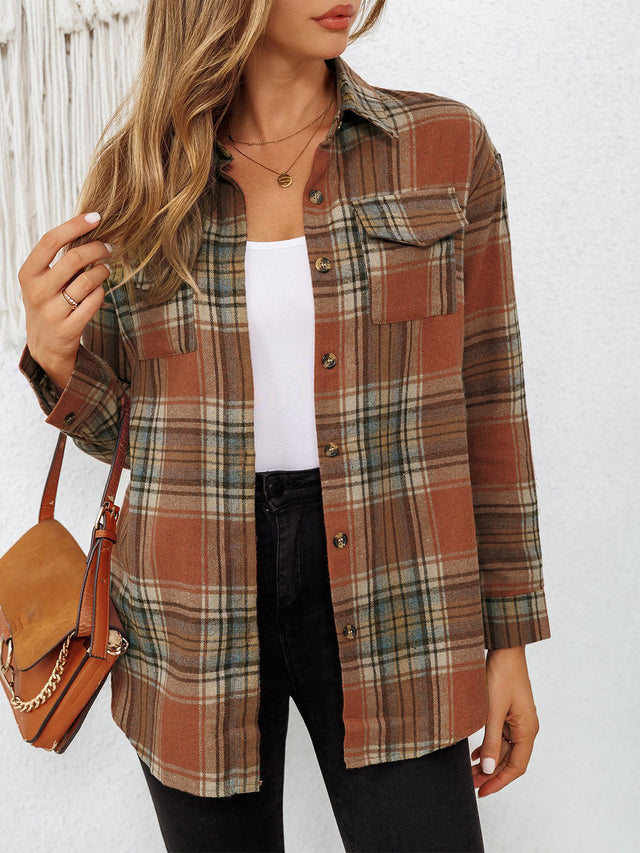 Plaid Collared Neck Button Up Long Sleeve Shirt | Hanalas