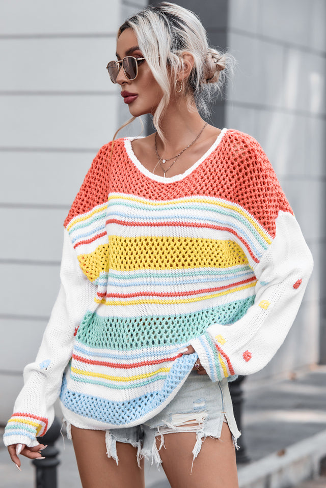 Hollow Striped Color Block Round Neck Sweater | Hanalas