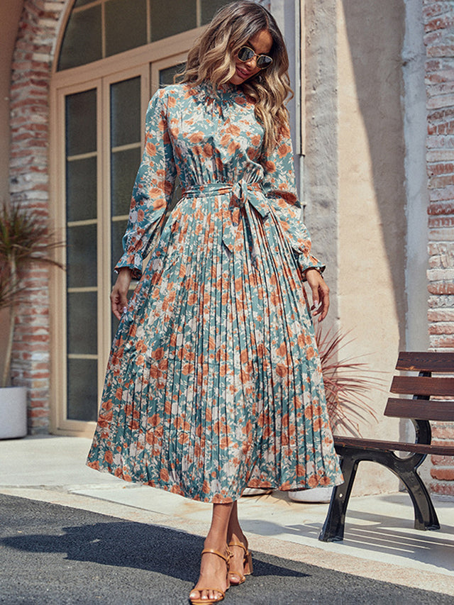 Perfee Tied Pleated Printed Mock Neck Long Sleeve Dress