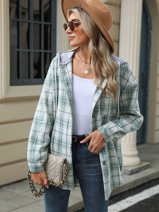 Drawstring Plaid Button Up Hooded Jacket Trendsi Hanalas