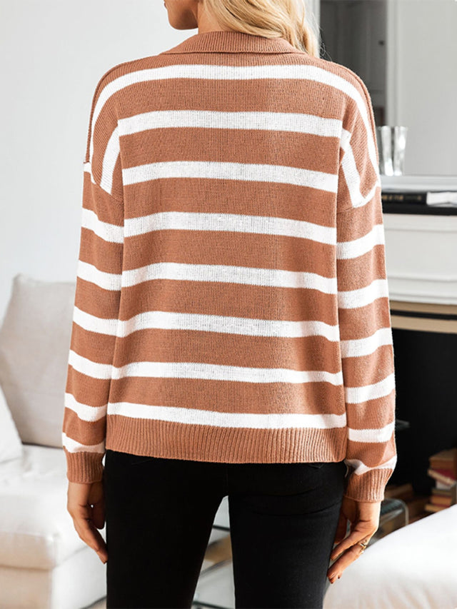 Striped Johnny Collar Long Sleeve Sweater Trendsi Hanalas