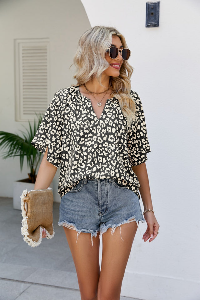 Leopard Notched Half Sleeve Blouse | Hanalas