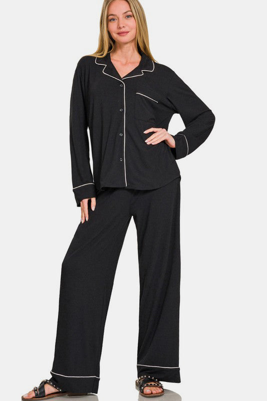 Zenana Button Down Long Sleeve Top and Pants Lounge Set | Hanalas