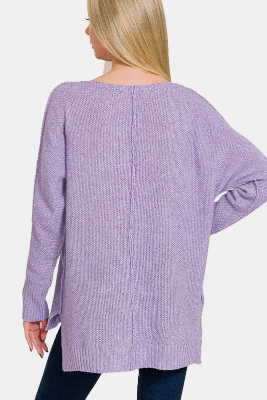 Zenana High-Low Center Seam V-Neck Sweater | Hanalas