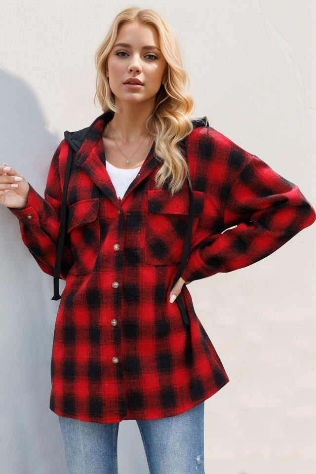 Double Take Drawstring Plaid Long Sleeve Hooded Shacket | Hanalas