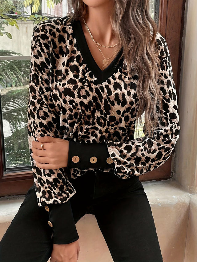 Decorative Button Leopard V-Neck Long Sleeve T-Shirt | Hanalas