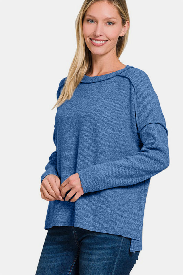 Zenana Full Size Exposed Seam Brushed Round Neck Sweater | Hanalas