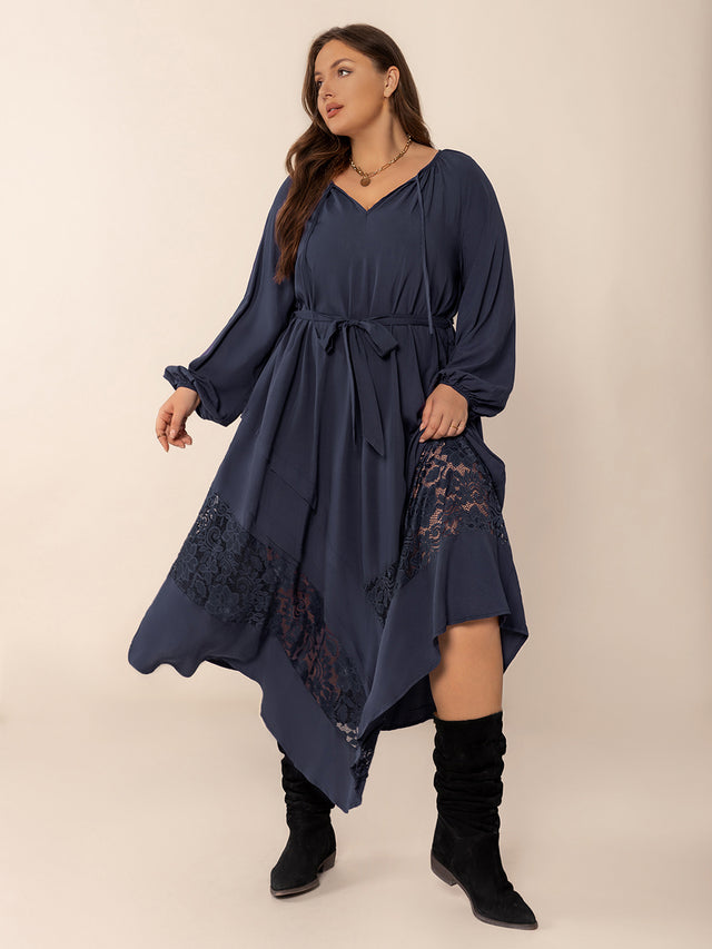 Plus Size Lace Detail Tie Neck Long Sleeve Midi Dress Trendsi Hanalas