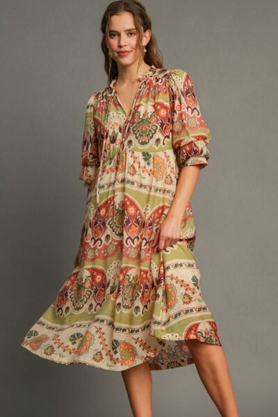 Umgee Full Size Tiered Border Print Midi Dress Plus Size | Hanalas