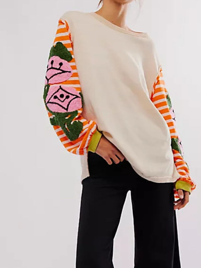 Striped Round Neck Long Sleeve Sweatshirt | Hanalas