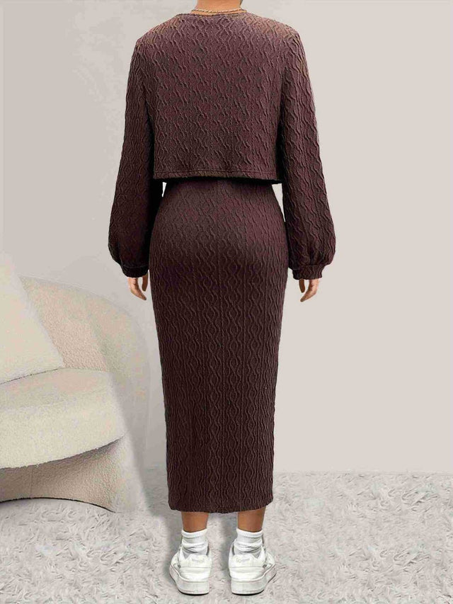 Open Front Long Sleeve Cardigan and Side Slit Cami Dress Set Trendsi Hanalas