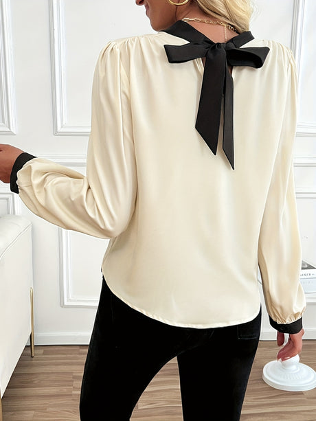 Bow Contrast Mock Neck Long Sleeve Blouse | Hanalas