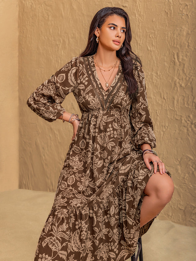 Ruched Printed V-Neck Long Sleeve Midi Dress Trendsi Hanalas