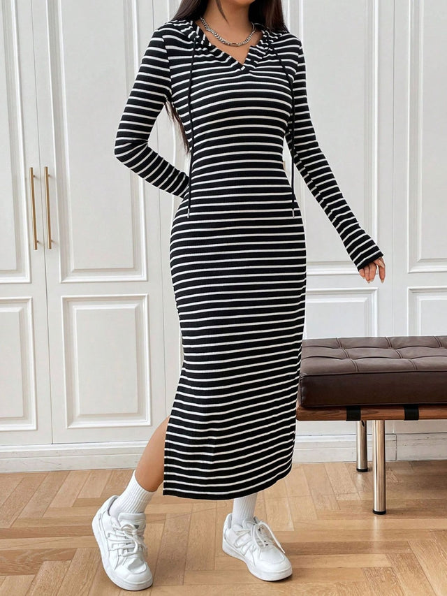 Drawstring Striped Long Sleeve Hooded Dress Trendsi Hanalas