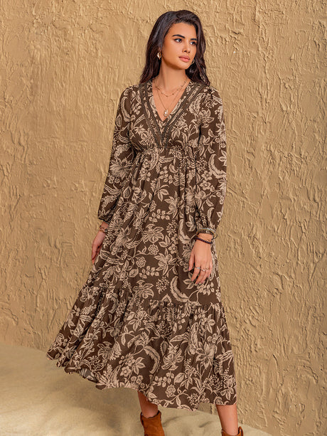 Ruched Printed V-Neck Long Sleeve Midi Dress Trendsi Hanalas