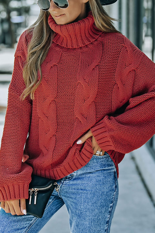 Cable-Knit Turtleneck Dropped Shoulder Sweater | Hanalas