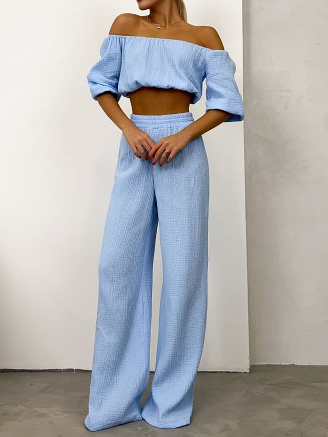 Off Shoulder Long Sleeve Top and Pants Set | Hanalas