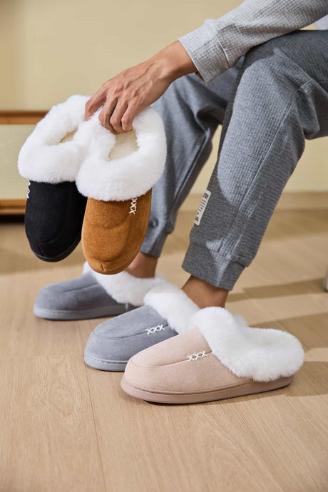 Fluff Trim Round Toe Flat Slippers | Hanalas