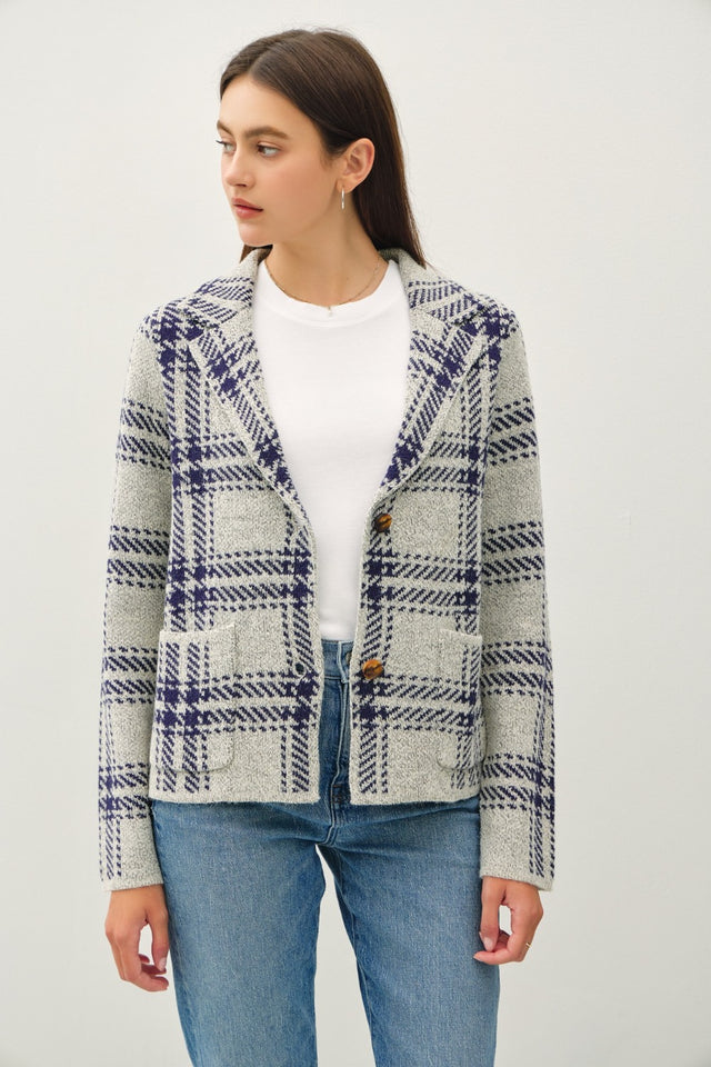 Be Cool Plaid Long Sleeve Sweater Jacket with Front Patch Pockets Trendsi Hanalas