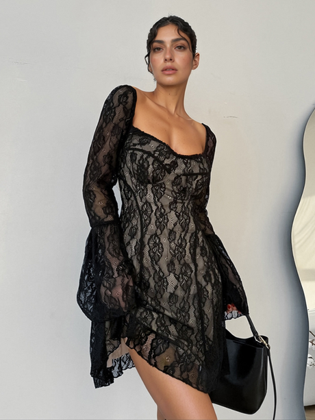 Lace Sweetheart Neck Flare Sleeve Mini Dress | Hanalas