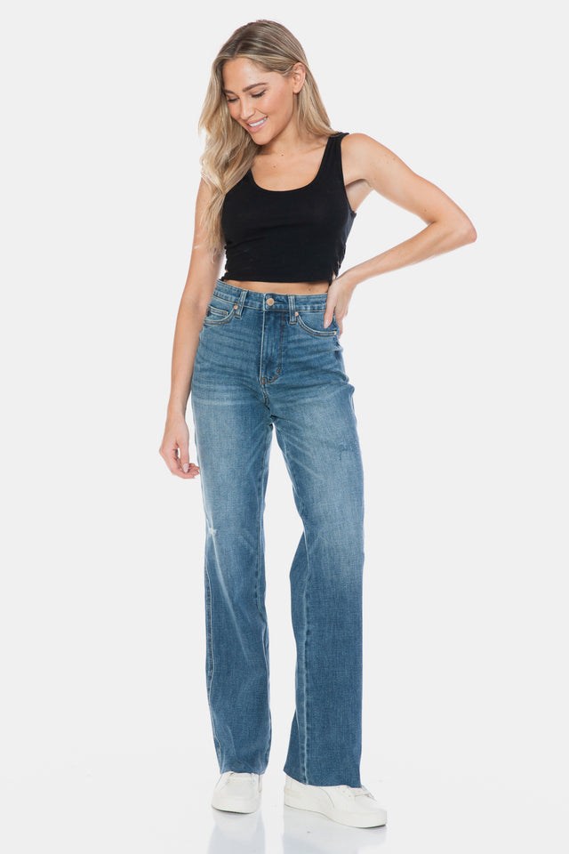 Judy Blue Full Size Tummy Control Cut Raw Hem Straight Jeans Trendsi Hanalas