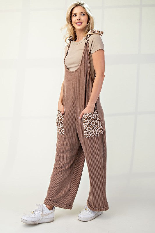 Celeste Full Size Ribbed Leopard Tied Shoulder Overalls | Hanalas