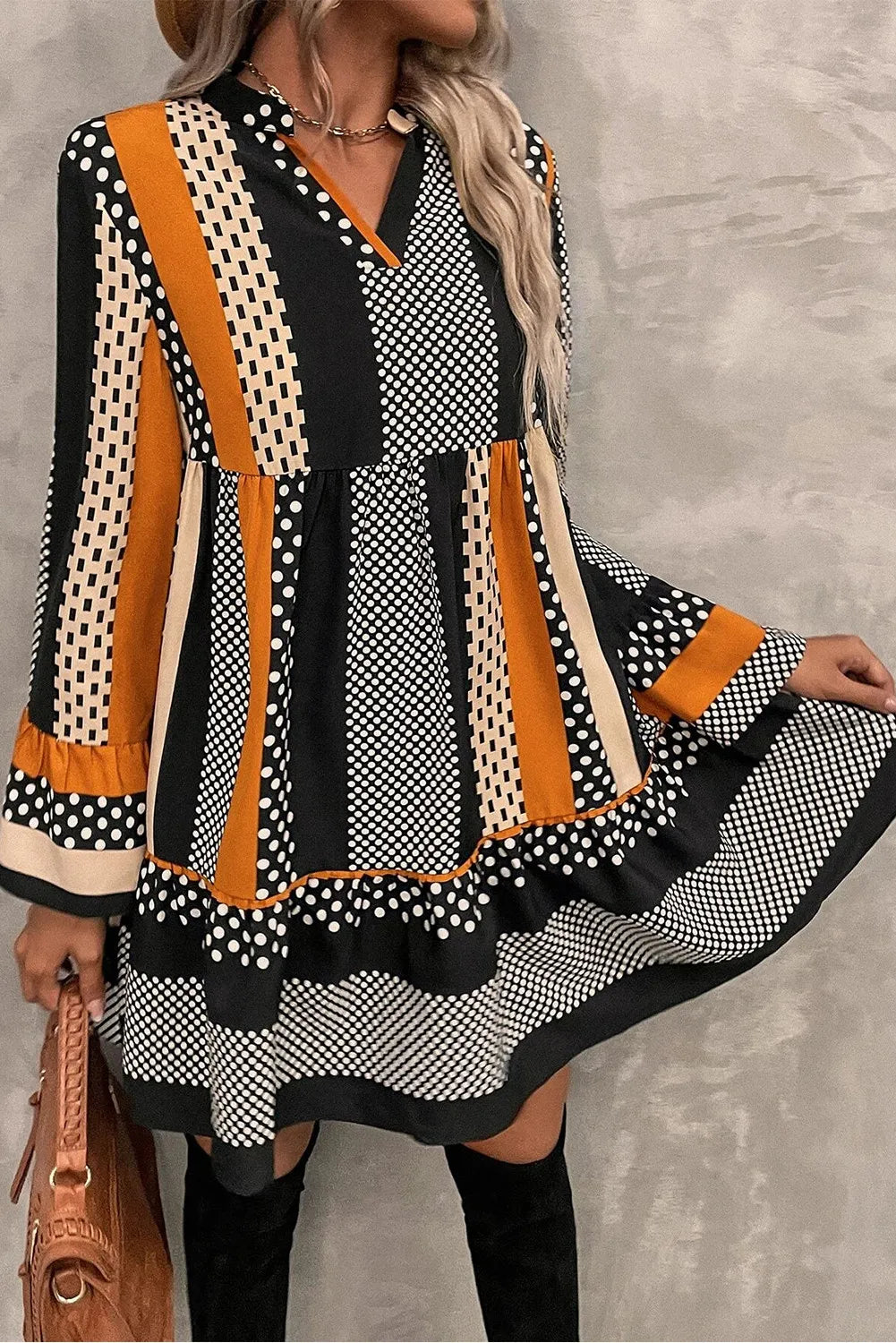 Printed Notched Long Sleeve Mini Dress