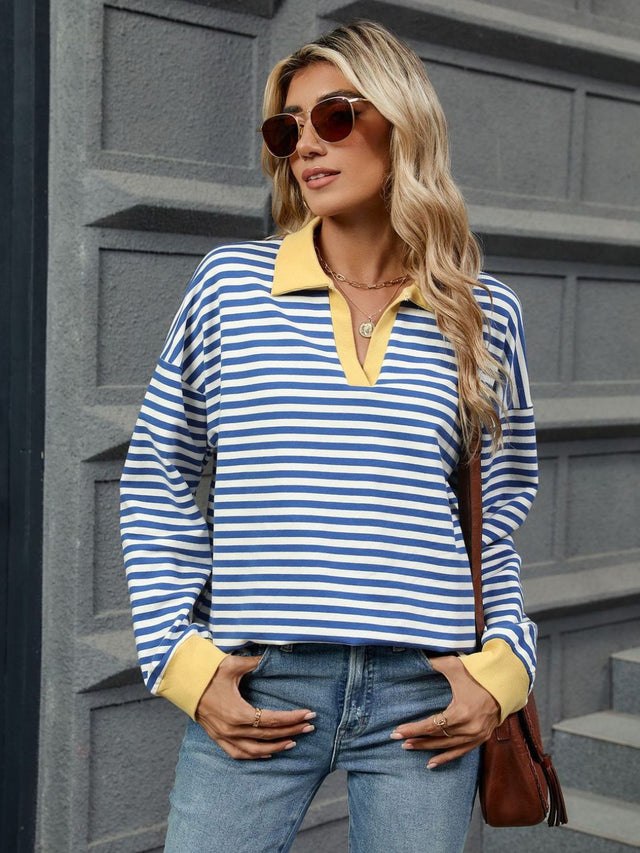 Striped Johnny Collar Long Sleeve Sweatshirt | Hanalas